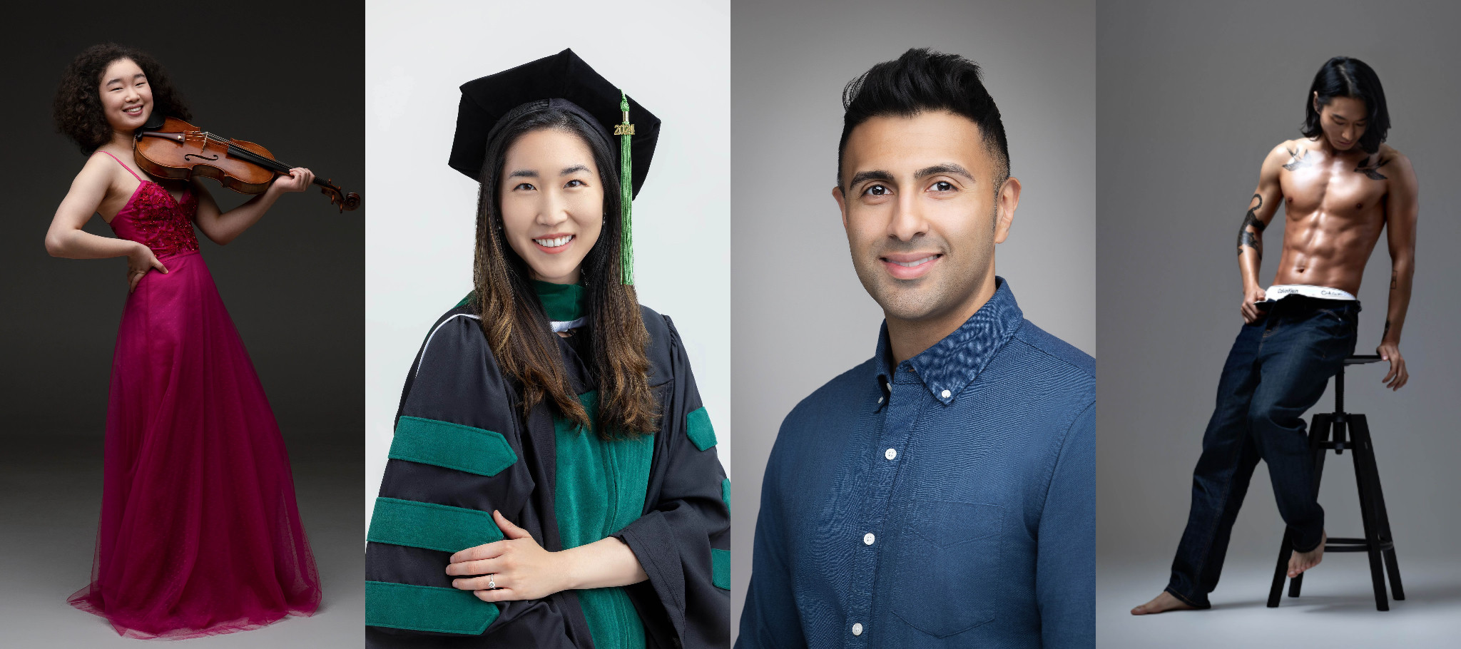Four studio portraits: a person in a magenta gown holding a violin, a person in a black and green graduation gown, a person in a blue shirt, and a bare-chested person in dark trousers beside a stool.