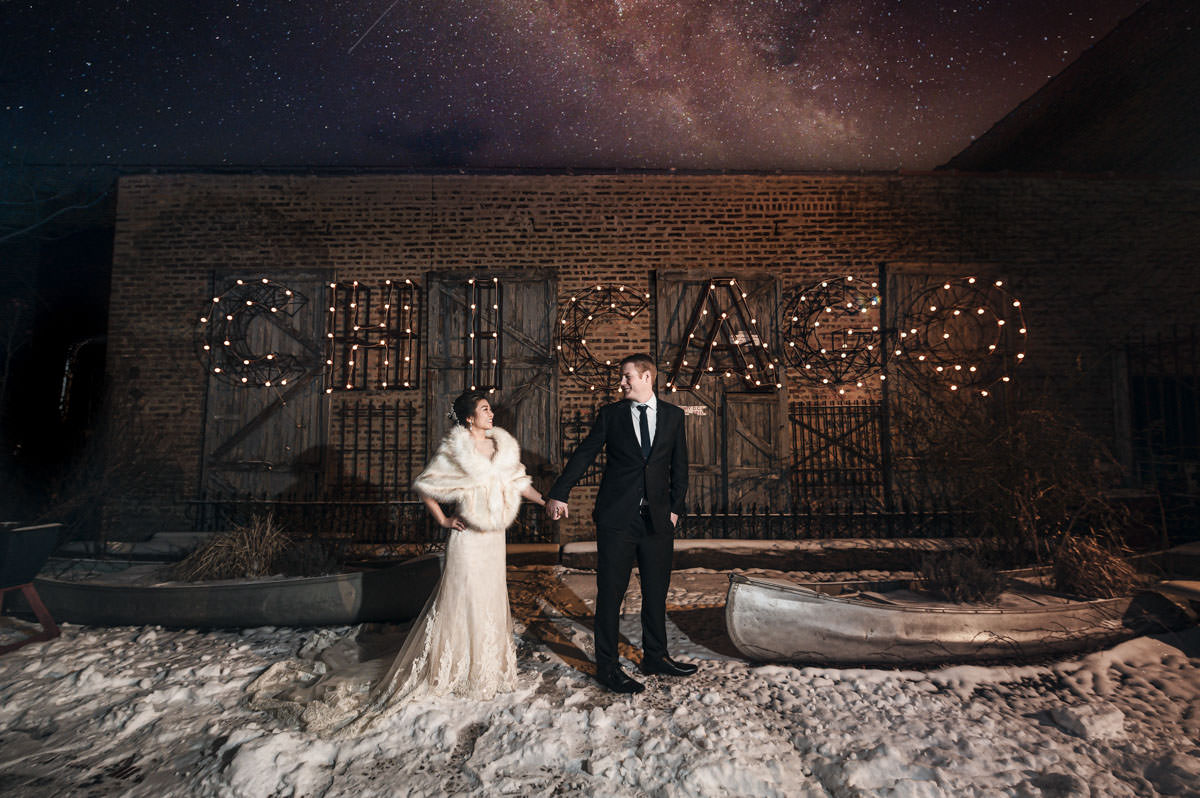 Bo and Ben together outdoors on their winter wedding day