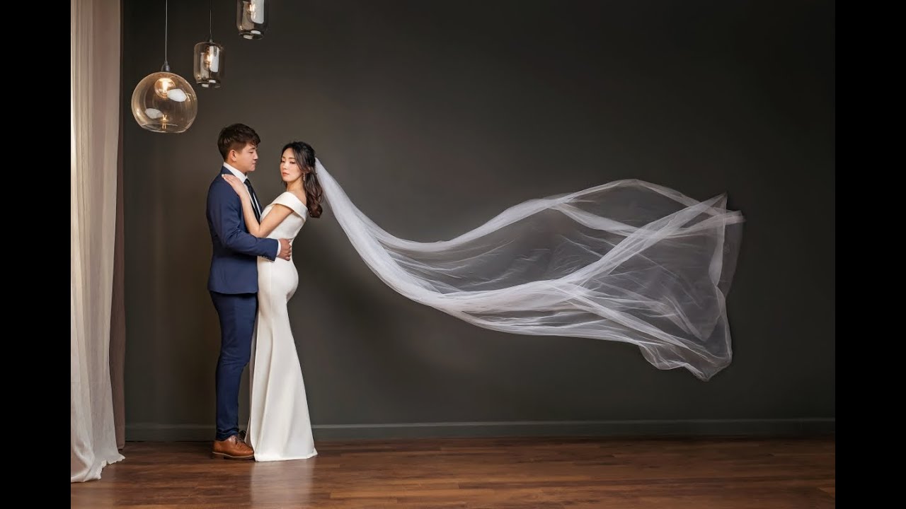 Bride and groom in their wedding portraits during a Studio Soo visit