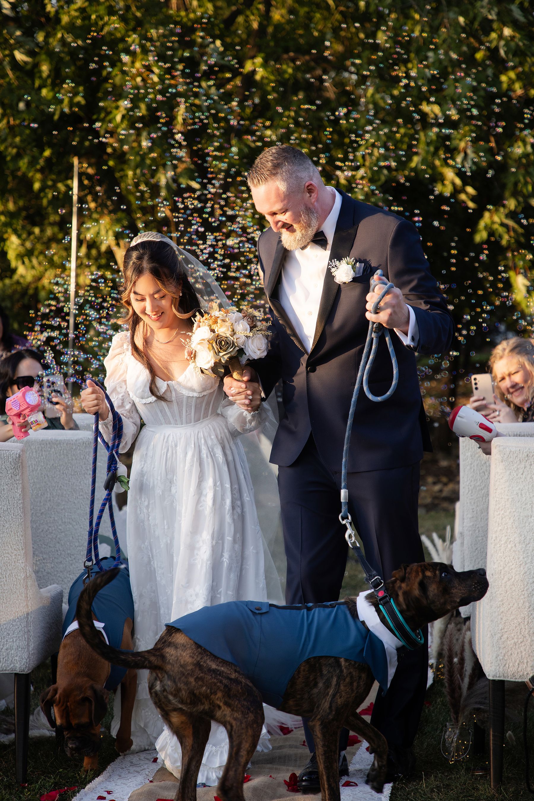 Couple with their dogs on their wedding day